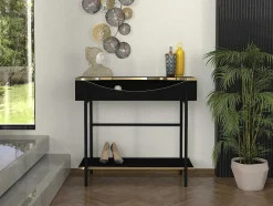 Consoletafel Met 1 Plank En 1 Nis - Zwart En Goudkleurig - Meriova