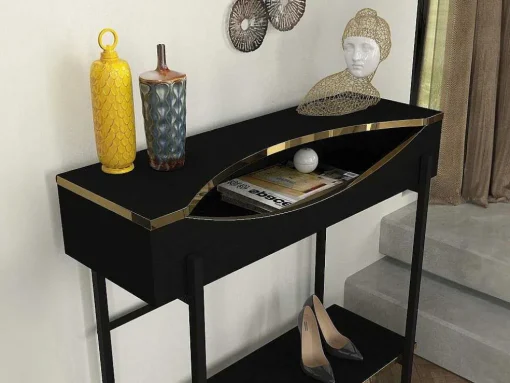 Consoletafel Met 1 Plank En 1 Nis - Zwart En Goudkleurig - Meriova