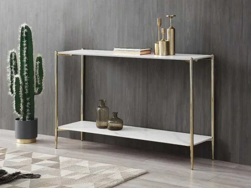 Consoletafel Met 1 Plank Van Keramiek En Metaal - Wit Marmereffect En Goud - Madola