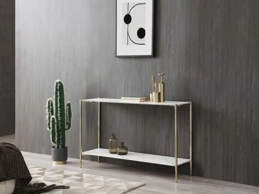 Consoletafel Met 1 Plank Van Keramiek En Metaal - Wit Marmereffect En Goud - Madola