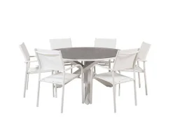 Copacabana Tuinmeubelset Tafel O140Cm En 6 Stoel Santorini Wit, Grijs, Cremekleur.