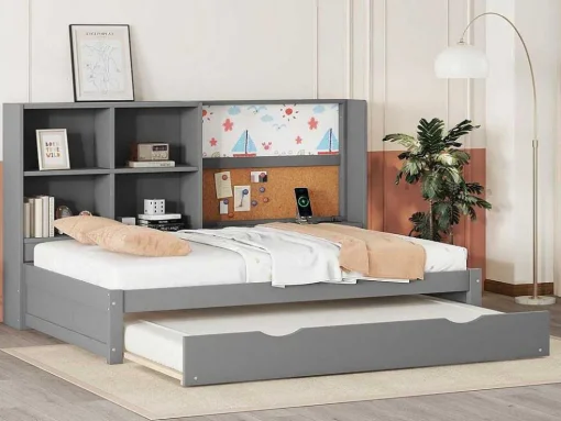 Dagbed Met Onderschuifbed - 90X200Cm - Met Tekentafel En Opbergvakken - Grijs