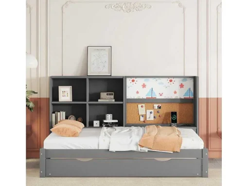Dagbed Met Onderschuifbed - 90X200Cm - Met Tekentafel En Opbergvakken - Grijs
