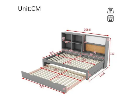 Dagbed Met Onderschuifbed - 90X200Cm - Met Tekentafel En Opbergvakken - Grijs