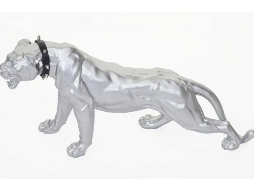 Decoratief Beeldje Panter Met Halsband, Zilver Mat Met Kraag