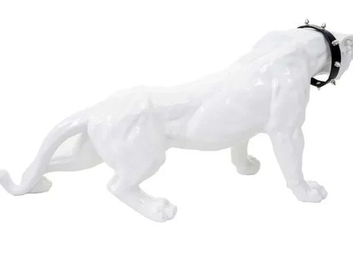 Decoratief Beeldje Panter Met Halsband, Wit Hoogglans Met Kraag