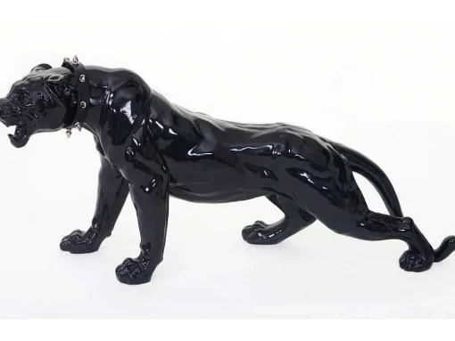 Decoratief Beeldje Panter Met Halsband, Zwart Hoogglans Met Kraag