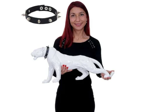 Decoratief Beeldje Panter Met Halsband, Wit Hoogglans Met Kraag