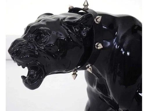 Decoratief Beeldje Panter Met Halsband, Zwart Hoogglans Met Kraag