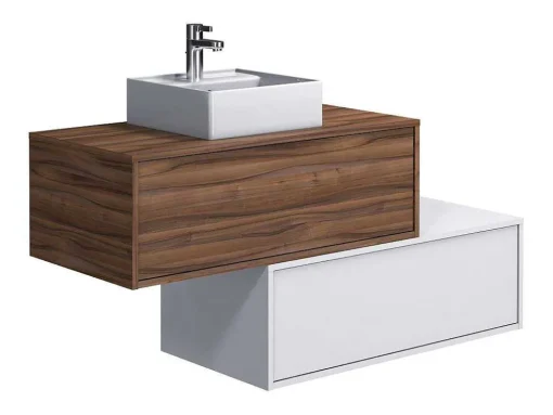 Donker Naturel En Wit Hangend Badkamermeubel Met Enkele Wastafel En Twee Lades - 94 Cm - Teana Ii