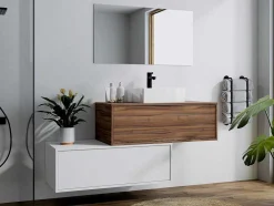 Donker Naturel En Wit Hangend Badkamermeubel Met Enkele Wastafel En Twee Lades - 94 Cm - Teana Ii