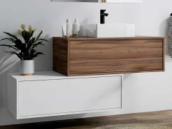 Donker Naturel En Wit Hangend Badkamermeubel Met Enkele Wastafel En Twee Lades - 94 Cm - Teana Ii