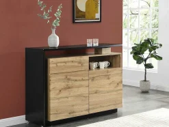 Draaibaar Barmeubel Eldir - 2 Deuren, 1 Lade En 1 Nis - Mdf - Eiken & Zwart