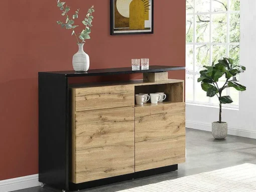 Draaibaar Barmeubel Eldir - 2 Deuren, 1 Lade En 1 Nis - Mdf - Eiken & Zwart