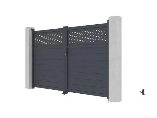 Draaipoort Van Aluminium Met Motieven - Halfopengewerkt - L. 305 X H. 182 Cm - Antraciet - Bazio