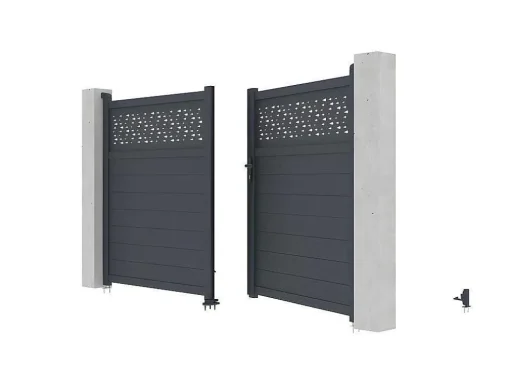 Draaipoort Van Aluminium Met Motieven - Halfopengewerkt - L. 305 X H. 182 Cm - Antraciet - Bazio