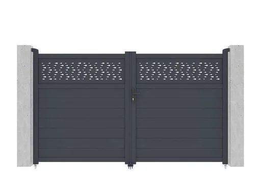 Draaipoort Van Aluminium Met Motieven - Halfopengewerkt - L. 305 X H. 182 Cm - Antraciet - Bazio