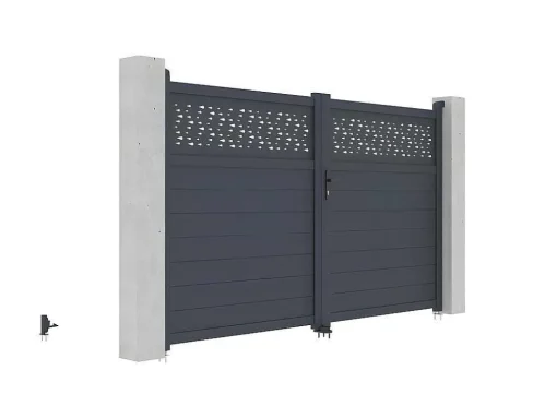 Draaipoort Van Aluminium Met Motieven - Halfopengewerkt - L. 305 X H. 182 Cm - Antraciet - Bazio