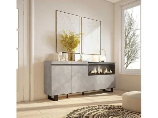 Dressoir, Opbergkast, 210, 4 Deuren, Elektrische Haard Xxl, Industrieel Design, Cement