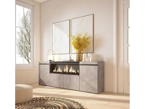 Dressoir, Opbergkast, 210, 4 Deuren, Elektrische Haard Xxl, Cement
