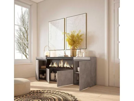 Dressoir, Opbergkast, 210, 4 Deuren, Elektrische Haard Xxl, Cement
