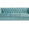 Drie- En Tweezitsbank Van Pastelblauw Velours Chesterfield