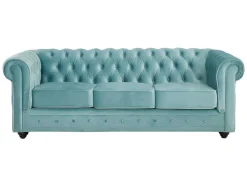 Drie- En Tweezitsbank Van Pastelblauw Velours Chesterfield
