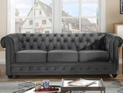 Drie- En Tweezitsbank Van Antracietkleurig Velours Chesterfield