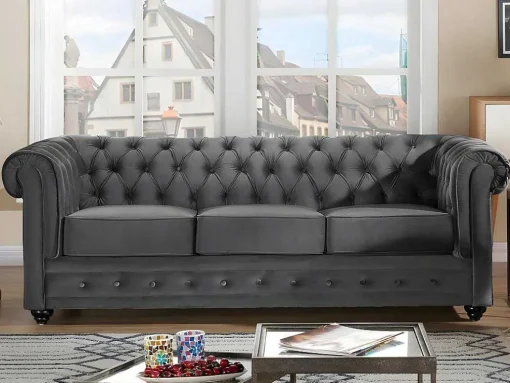 Drie- En Tweezitsbank Van Antracietkleurig Velours Chesterfield