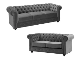 Drie- En Tweezitsbank Van Antracietkleurig Velours Chesterfield