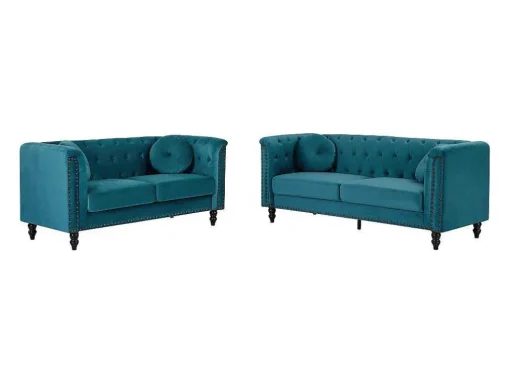 Drie- En Tweezitsbank Van Blauwgroen Velours Turner