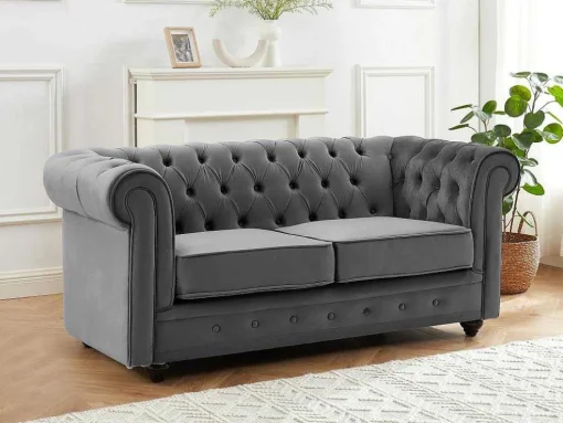 Drie- En Tweezitsbank Van Antracietkleurig Velours Chesterfield