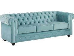 Drie- En Tweezitsbank Van Pastelblauw Velours Chesterfield