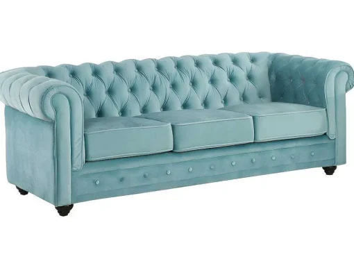 Drie- En Tweezitsbank Van Pastelblauw Velours Chesterfield