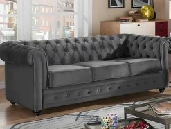 Drie- En Tweezitsbank Van Antracietkleurig Velours Chesterfield