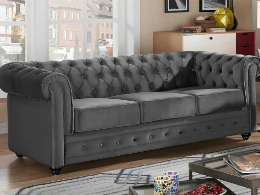 Drie- En Tweezitsbank Van Antracietkleurig Velours Chesterfield