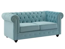 Drie- En Tweezitsbank Van Pastelblauw Velours Chesterfield