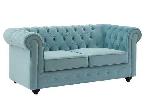 Drie- En Tweezitsbank Van Pastelblauw Velours Chesterfield
