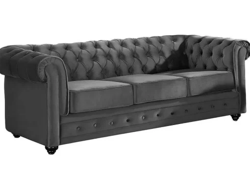 Drie- En Tweezitsbank Van Antracietkleurig Velours Chesterfield