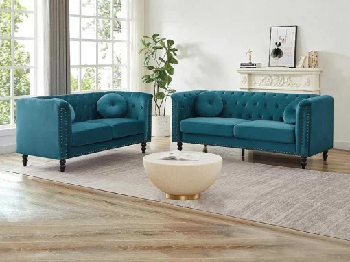 Drie- En Tweezitsbank Van Blauwgroen Velours Turner