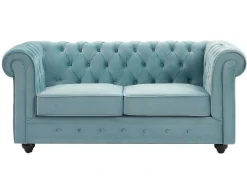 Drie- En Tweezitsbank Van Pastelblauw Velours Chesterfield