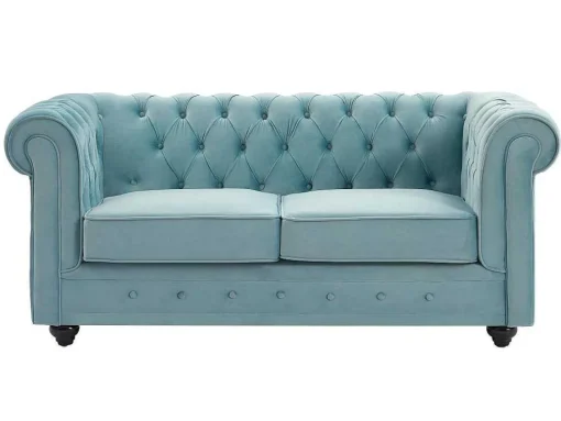 Drie- En Tweezitsbank Van Pastelblauw Velours Chesterfield