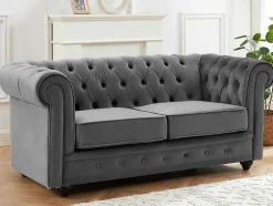 Drie- En Tweezitsbank Van Antracietkleurig Velours Chesterfield