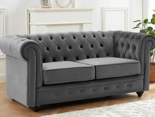 Drie- En Tweezitsbank Van Antracietkleurig Velours Chesterfield