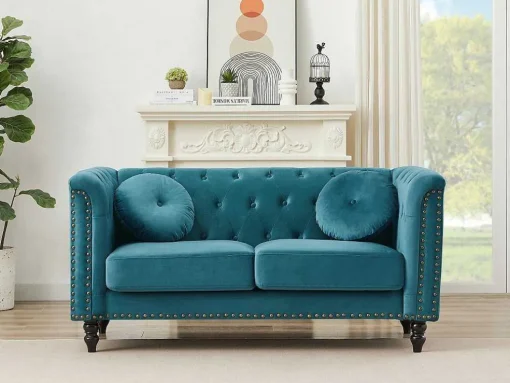 Drie- En Tweezitsbank Van Blauwgroen Velours Turner