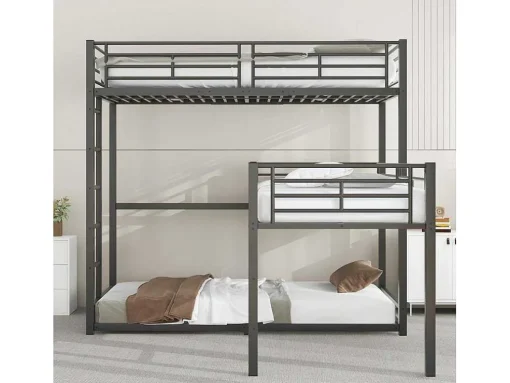 Driedubbele Stapelbedden 90 X 200 Cm - Hoge Reling En Ladder - Metaal - Zwart
