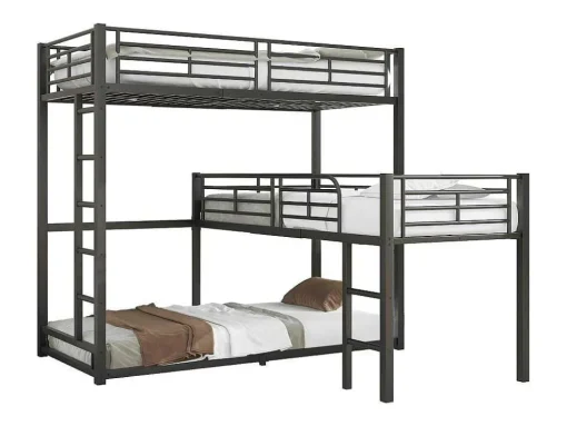Driedubbele Stapelbedden 90 X 200 Cm - Hoge Reling En Ladder - Metaal - Zwart
