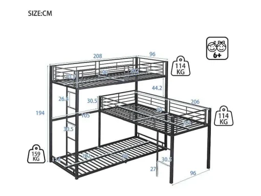 Driedubbele Stapelbedden 90 X 200 Cm - Hoge Reling En Ladder - Metaal - Zwart