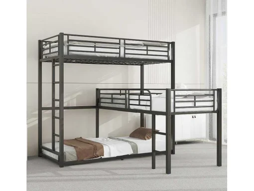 Driedubbele Stapelbedden 90 X 200 Cm - Hoge Reling En Ladder - Metaal - Zwart