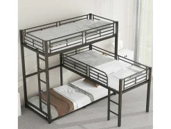 Driedubbele Stapelbedden 90 X 200 Cm - Hoge Reling En Ladder - Metaal - Zwart